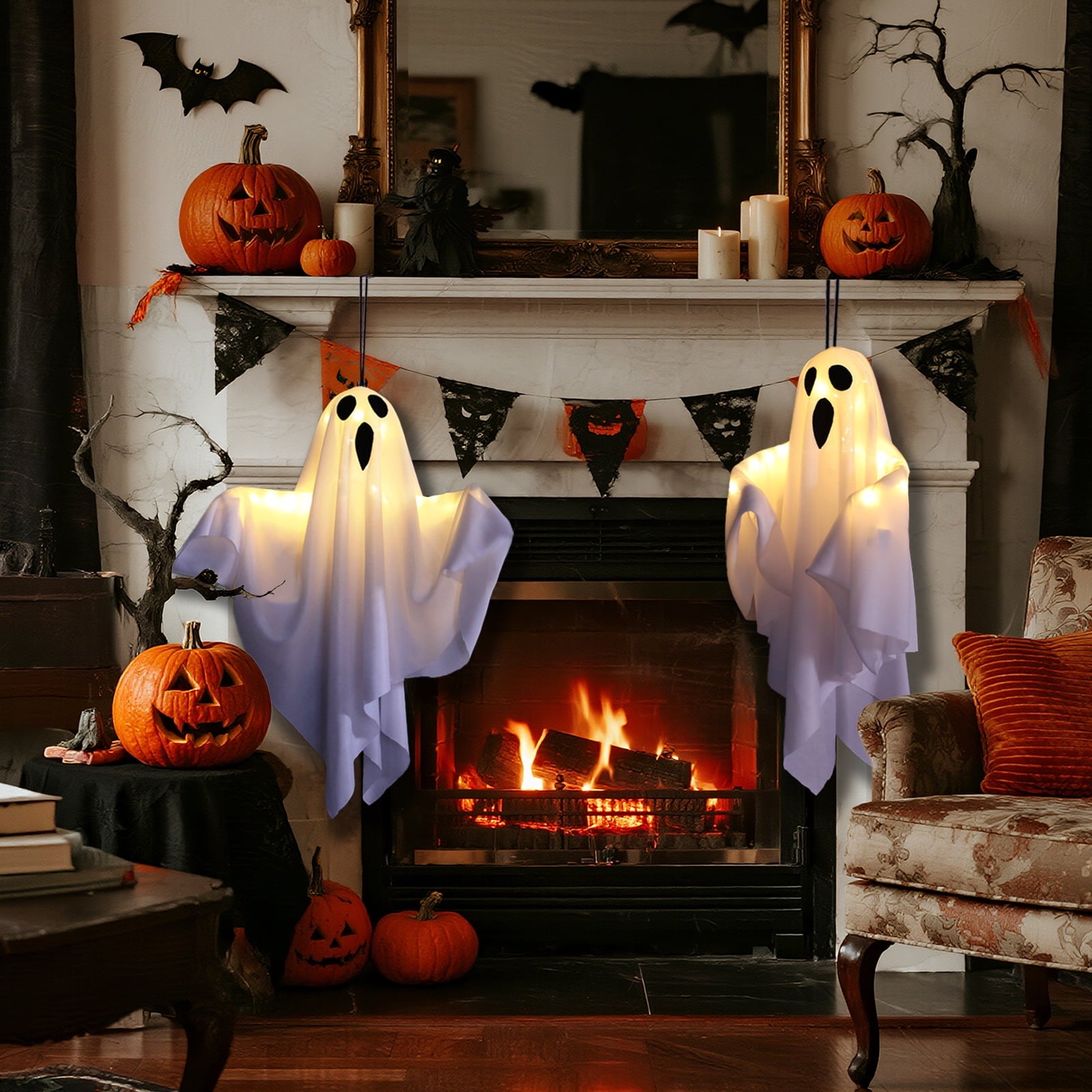 AGCAN Halloween Hanging Ghost Decorations, 2 Pack 19.69" Screaming Ghosts with 3 Lighting Modes for Outdoor Yard Tree Porch Garden Party Holiday Decor