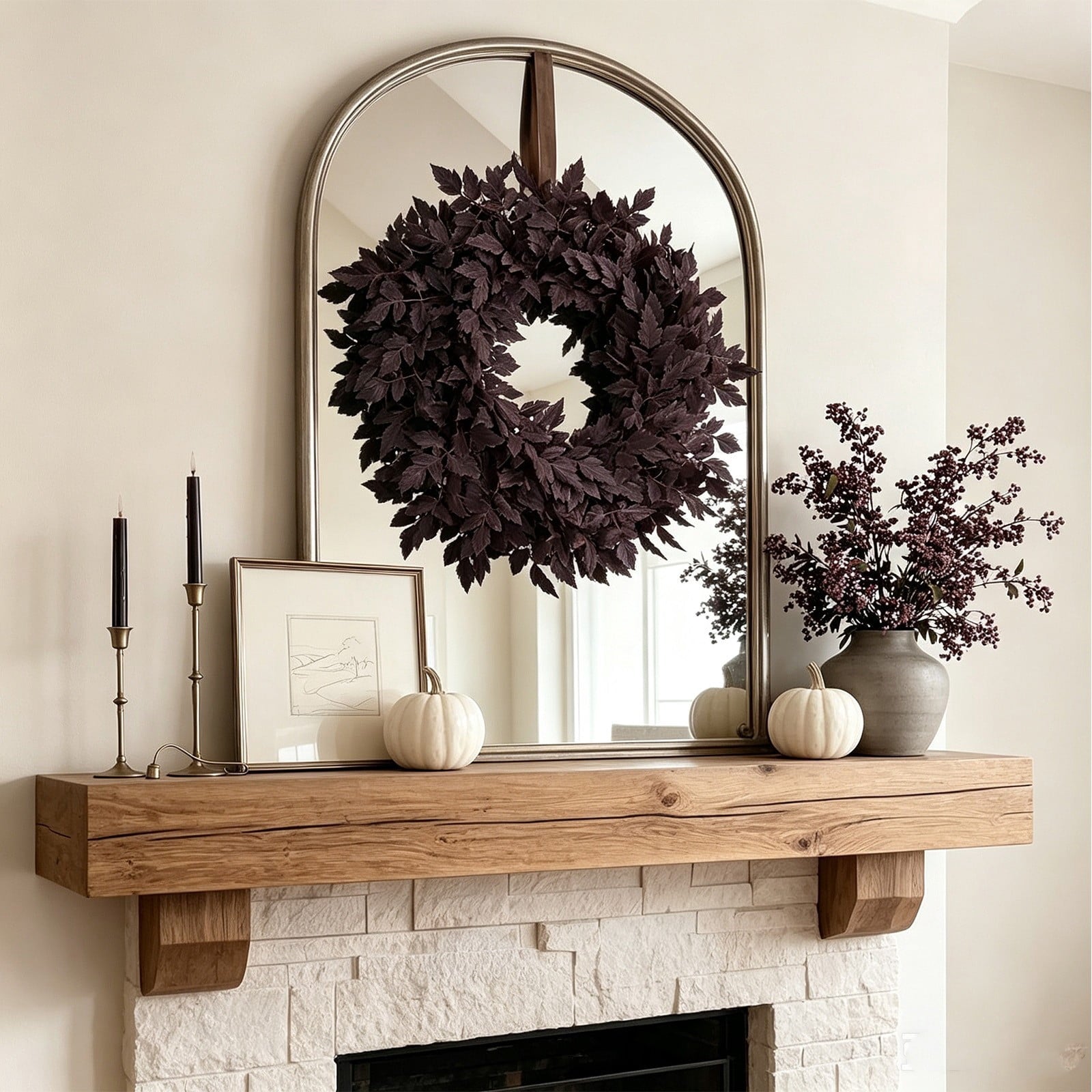 KOYPTL 24'' Artificial Forsythia Wreath Spring Summer Fall Winter Wreaths for Front Door Silk Leaves Wreath for Halloween Decorations Porch Wall Window Indoor Outdoor Home Decor (Black)