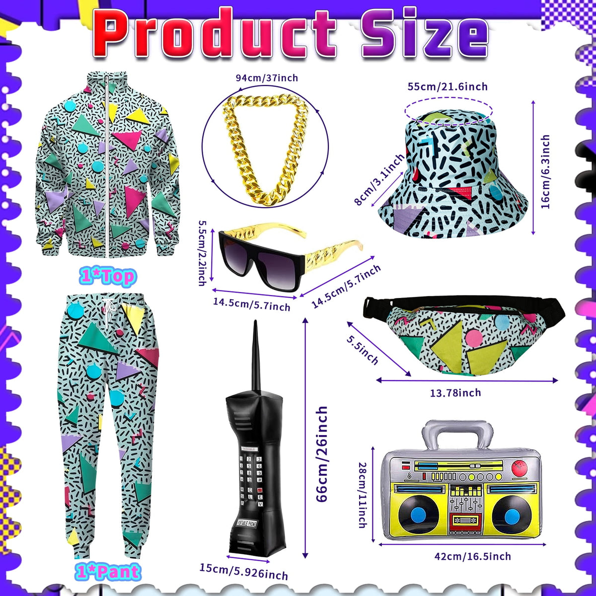 GYQMBT 80s 90s Men's Sportswear, Party Hip Hop Windbreaker 90s Disco Sportswear, 80s Adult Bizarre Costume 8 Piece Set, Black, M