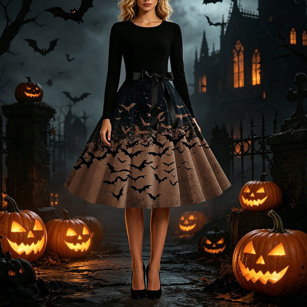 Women's Vintage Halloween Bat Print Swing Dress Long Sleeve 1950s Retro A-Line Midi Dresses with Satin Sash Belt for Gothic Cosplay Evening Prom Party