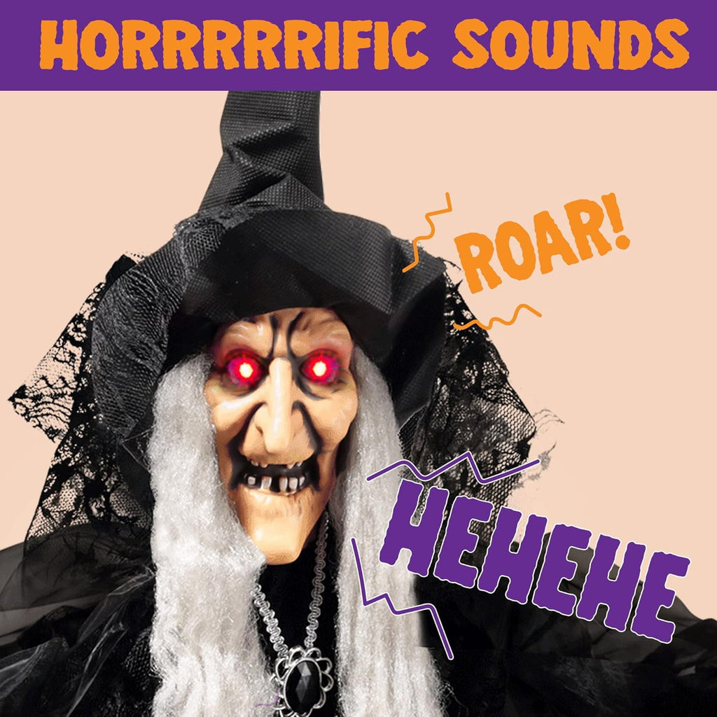 Joyfy 6ft Halloween Witch Decoration,Outdoor Scary Halloween Animatronic Hanging Witch with Light Up Eyes and Sound Decoration for Halloween Outdoor