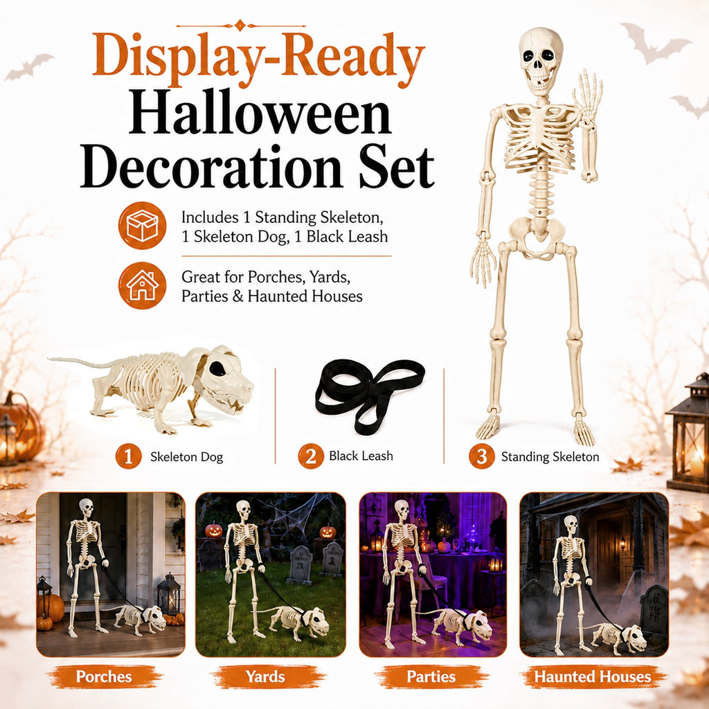 DAKIMOE Halloween Outdoor Decoration Skeleton with Skeleton Dog & Leash 2.9 Ft Skeleton Walking Dog Halloween Party Decoration Yard Lawn Garden Patio Party Decor
