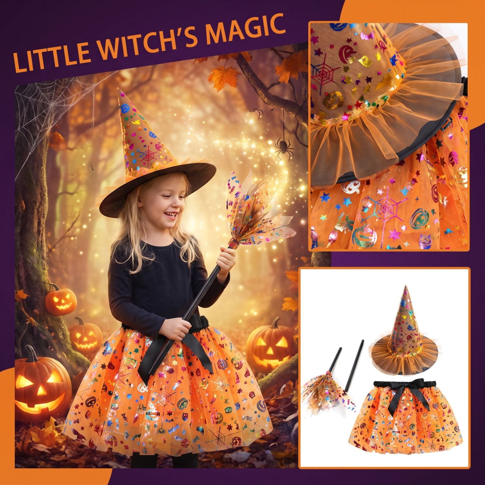 choiix Witch Tutu Skirt and Hat Set with Broomstick Halloween Costume Outfit with Printed Tulle Skirt and Witch Hat Cosplay Outfit for Party 100
