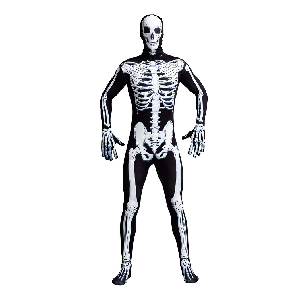 Joyfy Skeleton Costume for Adults, Skeleton Bone Bodysuit Halloween Costumes for Men with Skeleton Hood Mask, Halloween Party Fancy Dress-up