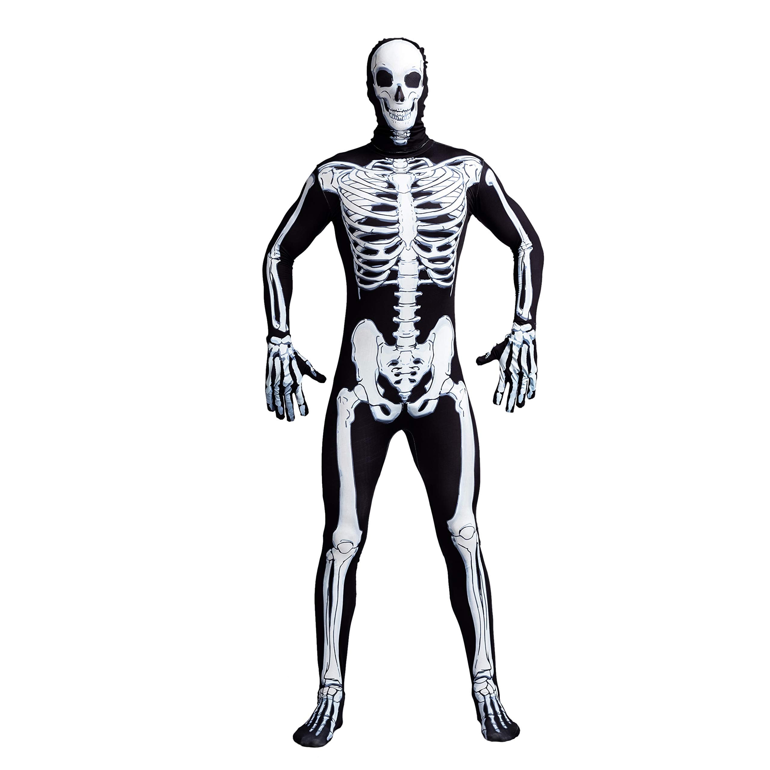 Joyfy Skeleton Costume for Adults, Skeleton Bone Bodysuit Halloween Costumes for Men with Skeleton Hood Mask, Halloween Party Fancy Dress-up