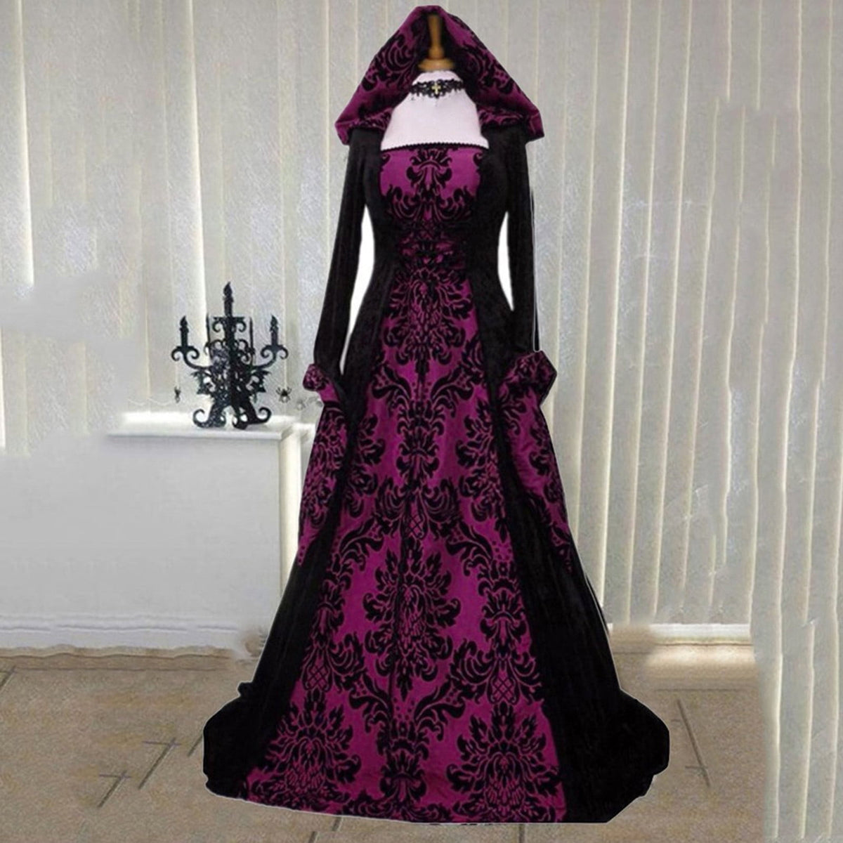 Medieval Damask Gown, Renaissance Witch Costume, Halloween Vampire Dress, Bell Sleeve Hooded Gown, Women Victorian Gothic Hooded Witch Dress Vampire Sorceress Vintage Renaissance Ball Gown, Red L