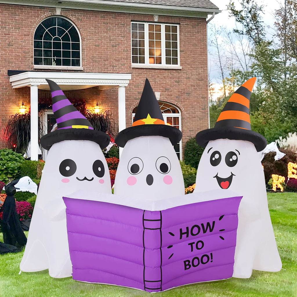 GOOSH Halloween Inflatables 5.2 FT Long Inflatable Ghosts Reading Book with Built-in LED Lights, Cute Ghost Inflatable Blow up Ghost Wearing Witch Hat, Outdoor Halloween Decorations for Holiday Party