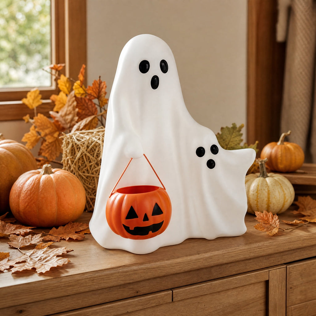 Trick or Treat Ghost Statue, Lighted Halloween Ghost Figurine with Pumpkin Candy Bucket, Blow Mold LED Decoration for Fall Porch Tabletop Home Decor