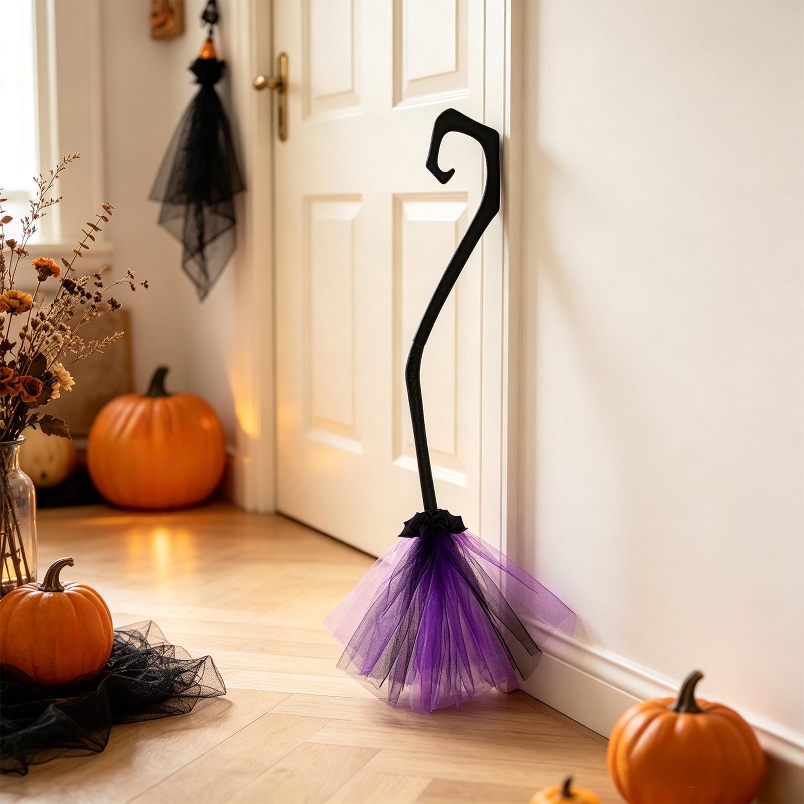 Halloween Witch Broom Cane with Ribbons, 38.2" Witches Broomstick for Wizard Costume Party, Photo Booth Accessory Stage Prop, Halloween Decoration, D