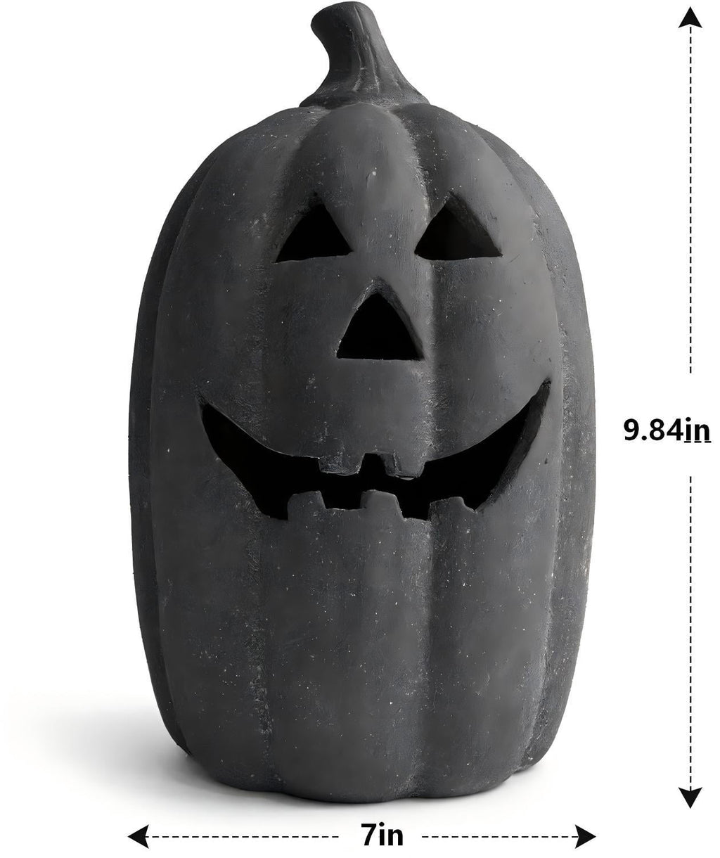 Halloween Decorations - 9.8" Black Handmade Resin Jack O Lantern Pumpkin Fall Decor, Indoor Outside Gothic Festival House Centerpiece Decoration for Table Garden Living Room Mantel