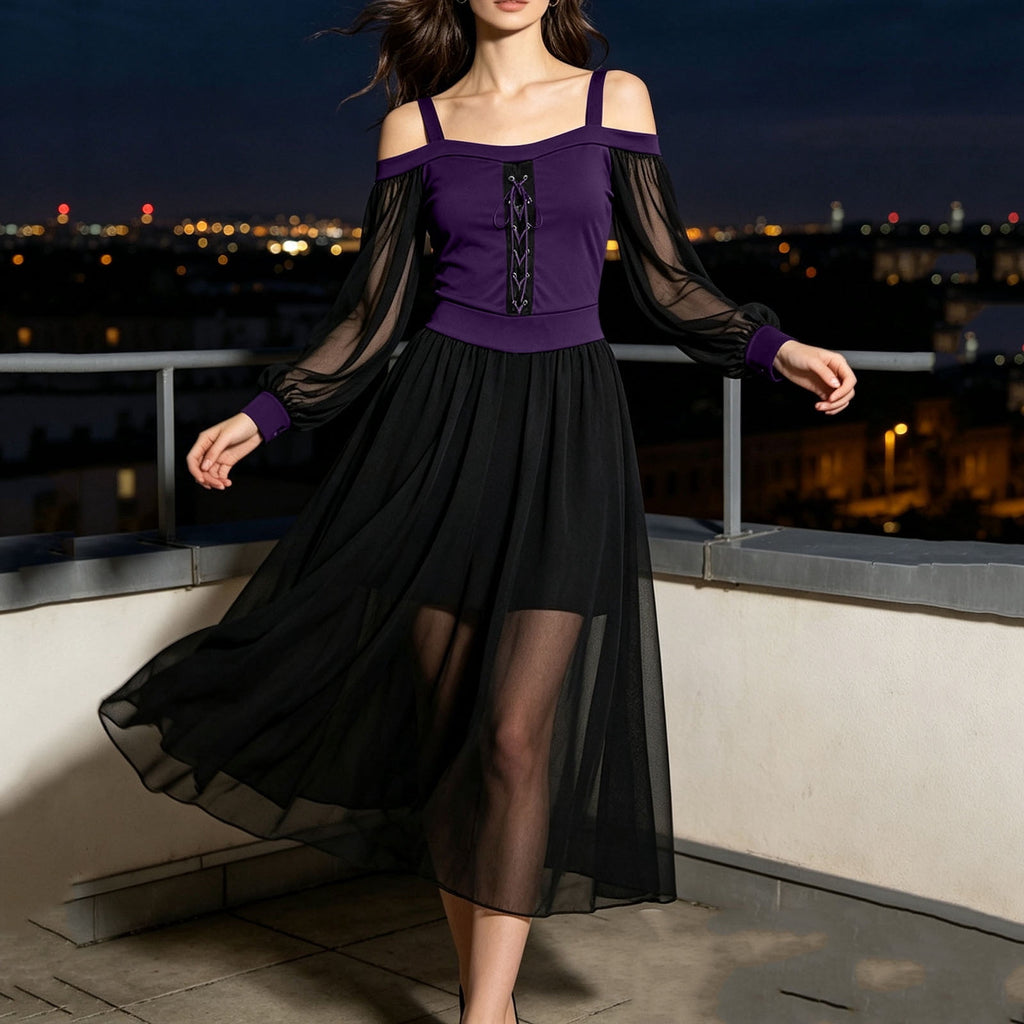 JOANKDMI Women's Gothic Midi Dress Elegant Vampire Costume Cold Shoulder Sheer Long Sleeve Lace-up Corset for Roleplay Halloween Party Outfit Chic, S-3XL