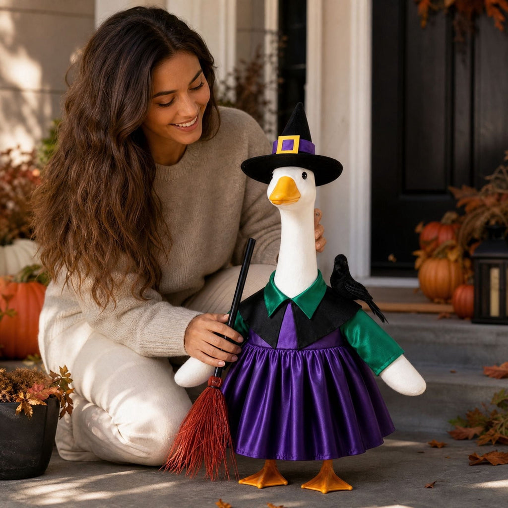 Thanksgiving Harvest Outfit for 23" Porch Goose, Goose Fall Theme Dress in White&Orange with Headwear Fall Harvest Decor for 23" Goose Outdoor Patio Yard Lawn Decoration
