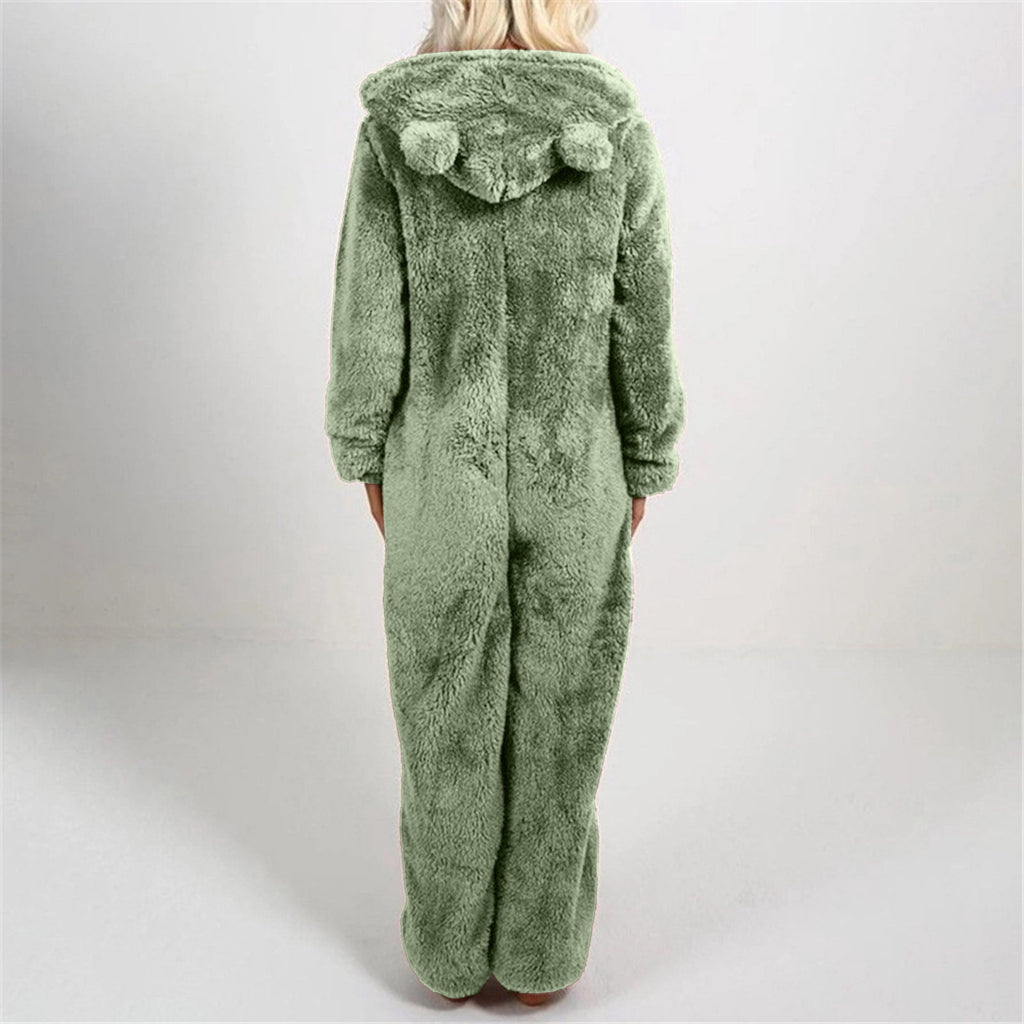 QATAINLAV Sherpa Fleece Jumpsuit for Women Winter Warm Fuzzy Onesie Pajamas Cute Cat Hooded Romper Casual Zip Up Overalls Sleepwear Black XL