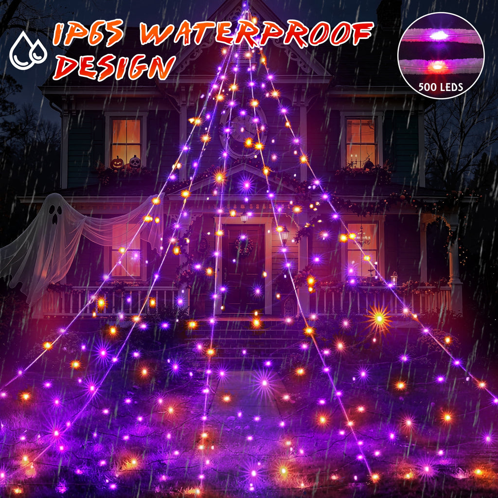 Scidweet Halloween Decorations Outdoor, 500 LED Halloween Giant Spider Web Lights for Garden Yard Porch Home Decor, Purple Orange