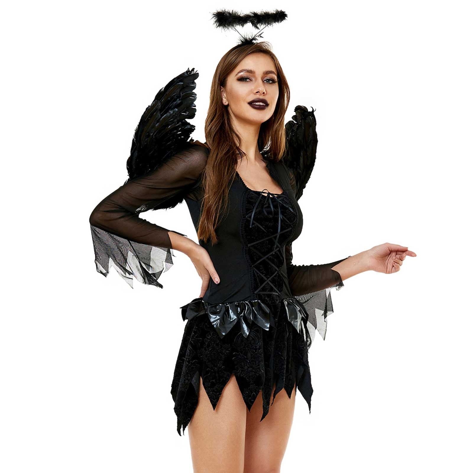 Odeerbi Dresses for Women Winged Black Angel Clothing Short Sleeve Square Neck Dress Black