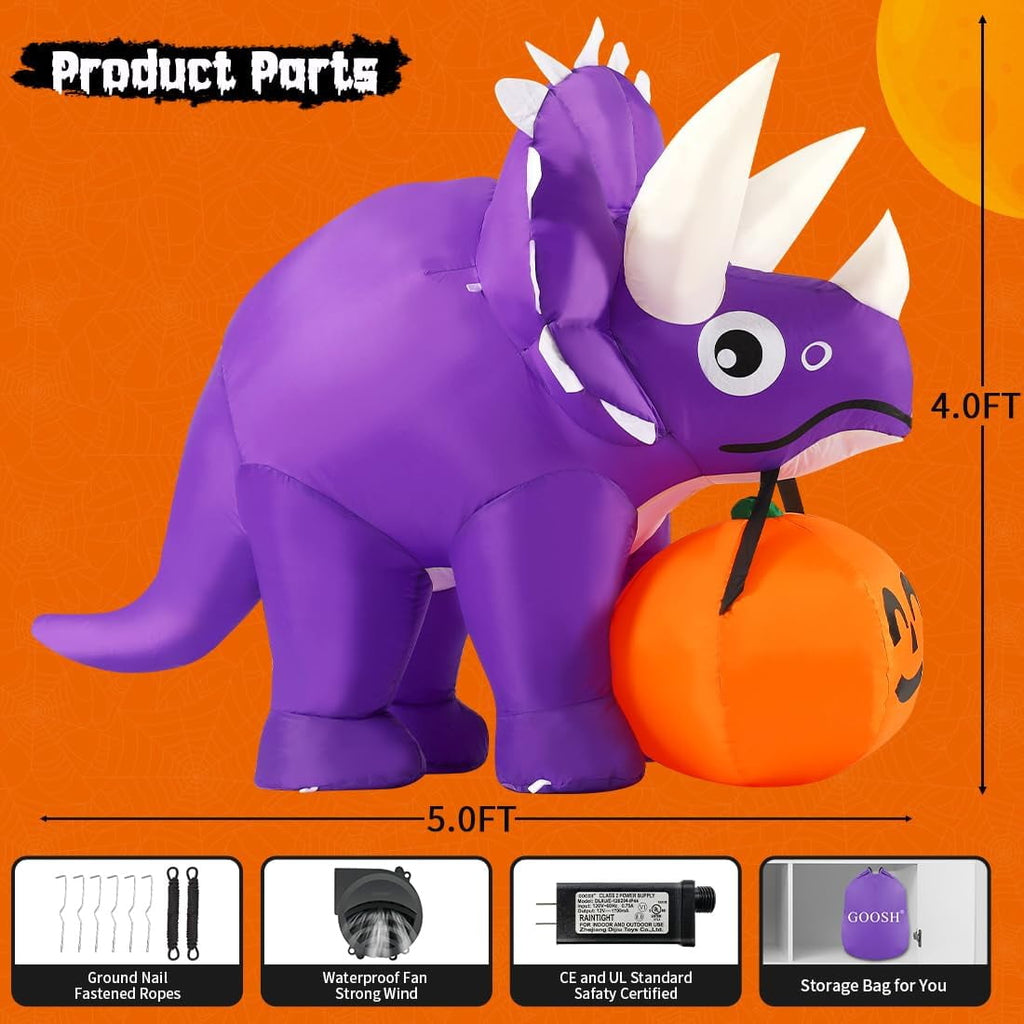 GOOSH Halloween Inflatable 5 FT Halloween Dinosaur Inflatable, Inflatable Halloween Dinosaur Halloween Dinosaur Decorations with LED Lights, Halloween Decorations Inflatables Clearance for Holiday