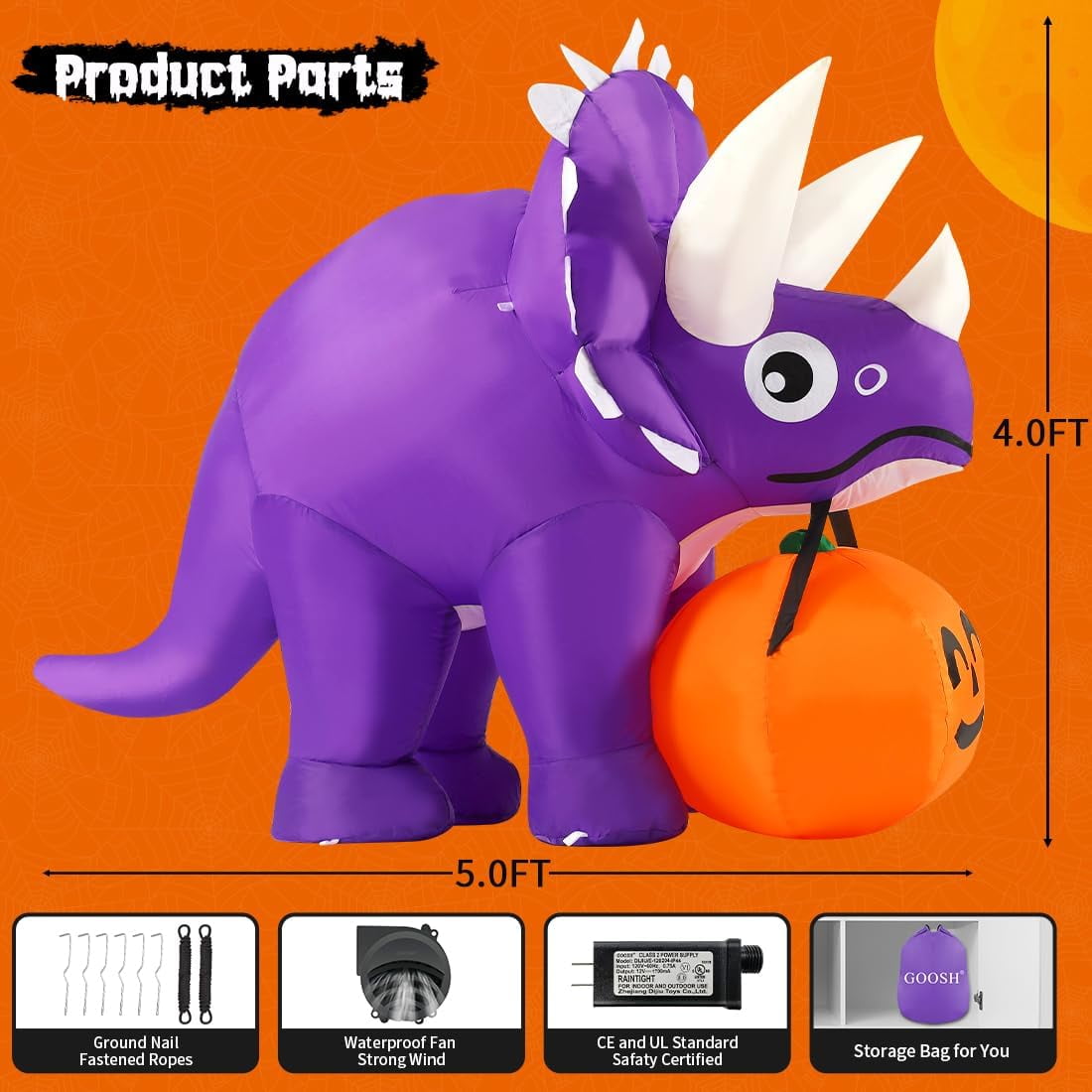 GOOSH Halloween Inflatable 5 FT Halloween Dinosaur Inflatable, Inflatable Halloween Dinosaur Halloween Dinosaur Decorations with LED Lights, Halloween Decorations Inflatables Clearance for Holiday
