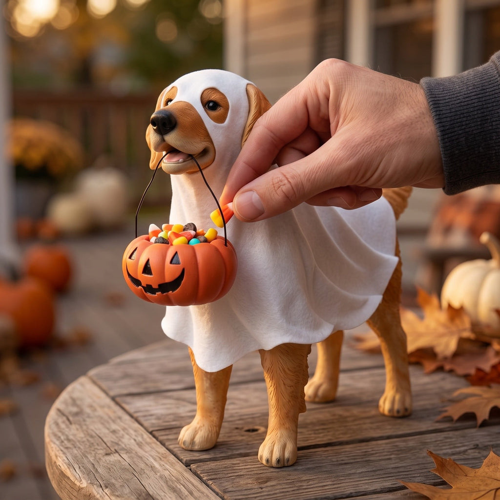 Halloween Ghost Dog Figurine, LED Light Statue, Yard Garden Decor, Treat Bucket Detail and Standing Sturdy Build for Front Porches, Garden Walkways and Tabletop Displays.