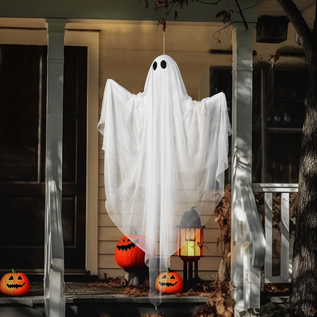 Joyfy 47" Halloween Hanging Light up Ghost Decorations Outdoor,White Ghosts with Blue LED Light and Timer Halloween Hanging Decoration Waterproof for Front Yard Patio Lawn