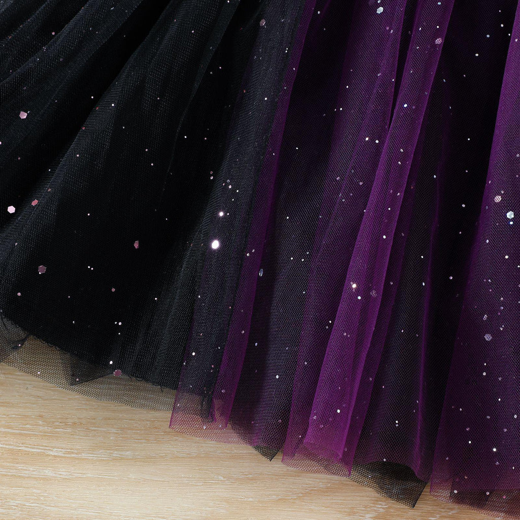 WIBACKER 1-6T Toddler Girls Witch Costume Kids Halloween Party Cosplay Ball Gown Tulle Dress with Plush Hooded Cape Shawl Set