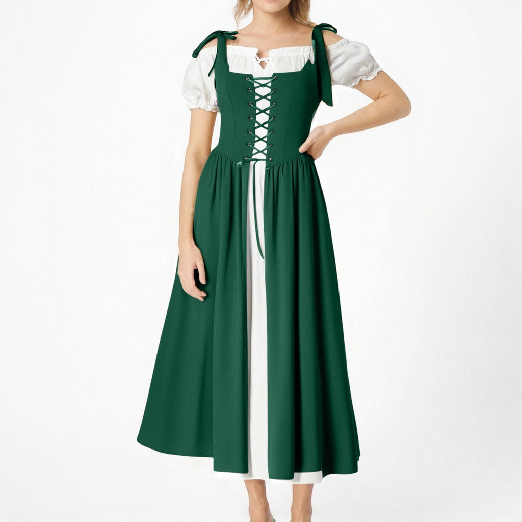 QATAINLAV Renaissance Costume Women Vintage Medieval Dress Cold Shoulder Short Sleeve Peasant Pirate Irish Maxi Dresses, Black, L