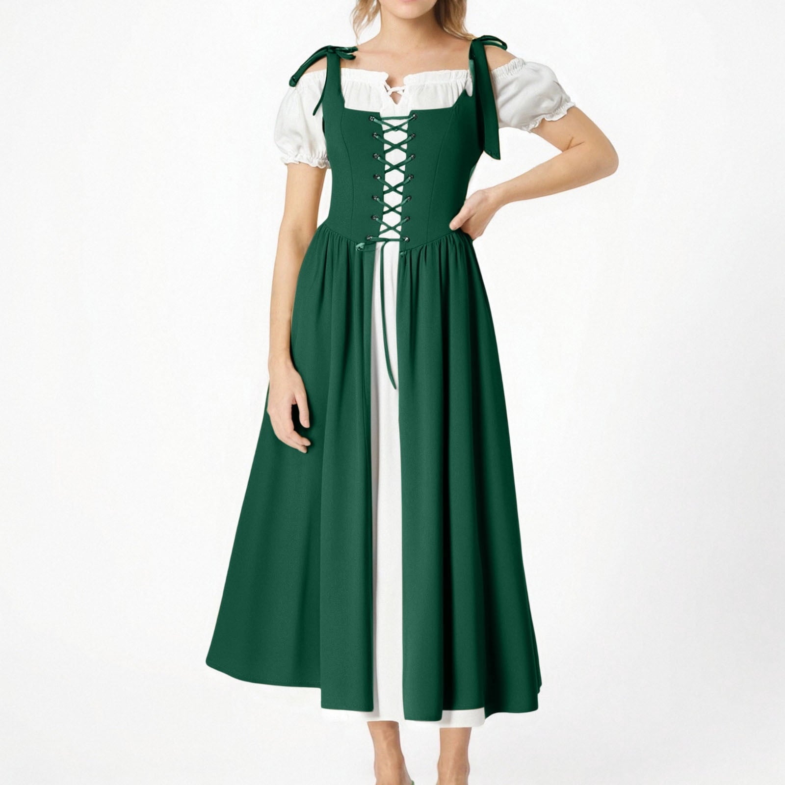 QATAINLAV Renaissance Costume Women Vintage Medieval Dress Cold Shoulder Short Sleeve Peasant Pirate Irish Maxi Dresses, Black, L