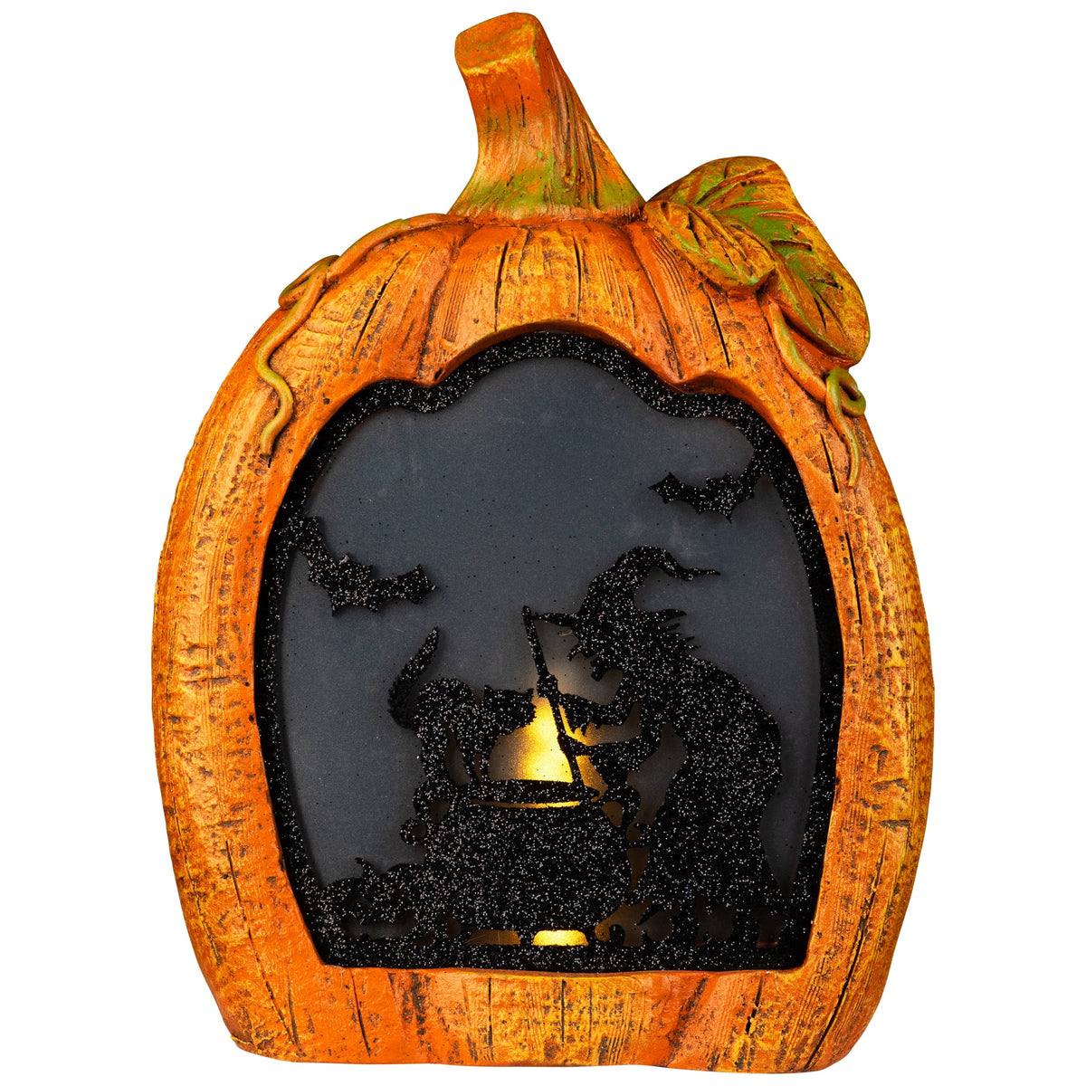 Witch Stirring Flickering Cauldron Scene Inside Pumpkin Halloween Decoration - 13" - LED Orange Light