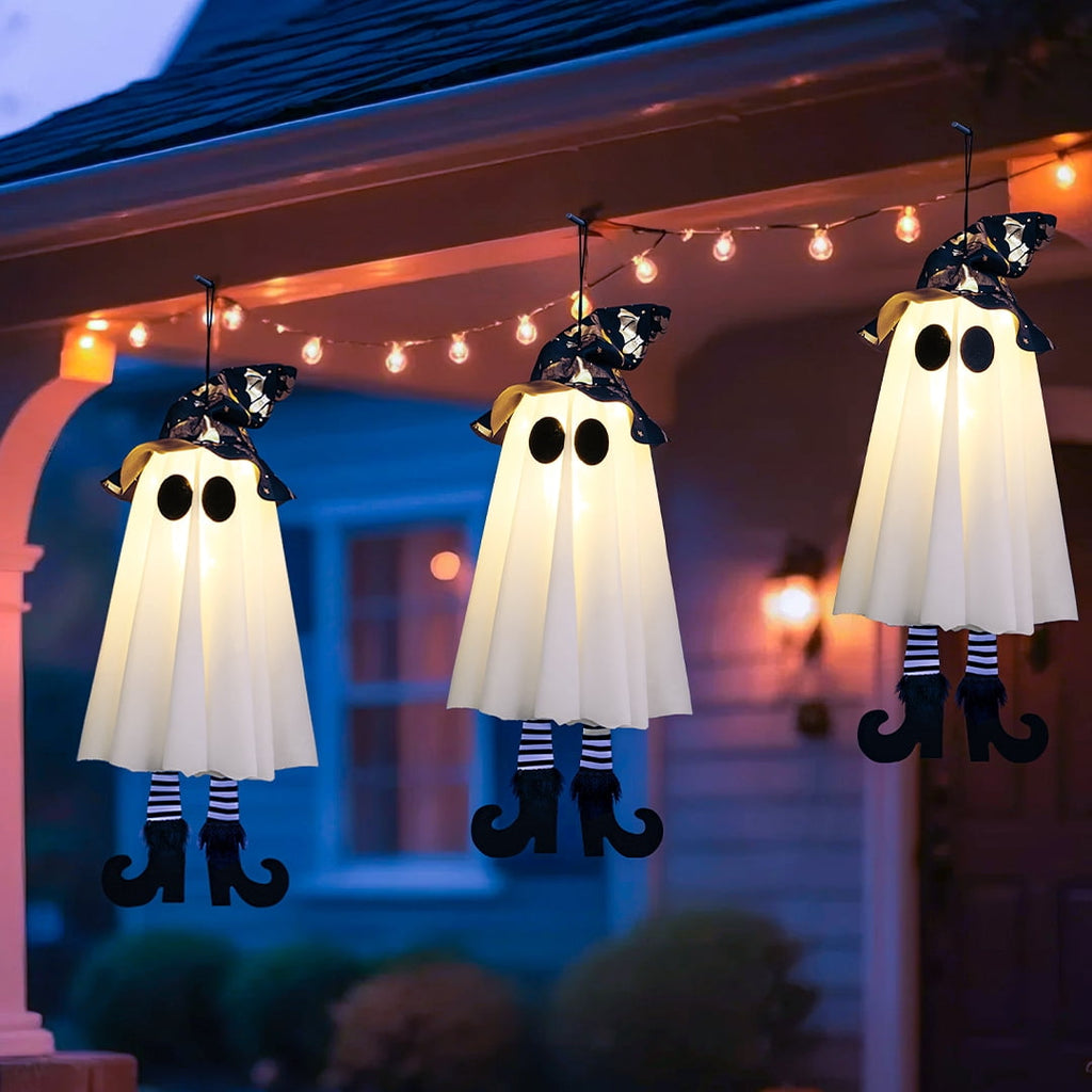 TETOU 18In Set of 3 Halloween Hanging Ghosts,Halloween Decorations Outdoor Hanging Ghosts with Witch Hat,Glowing Ghost Witch Hat Lights Halloween Ghost Decor for Yard Patio Garden Tree Outside