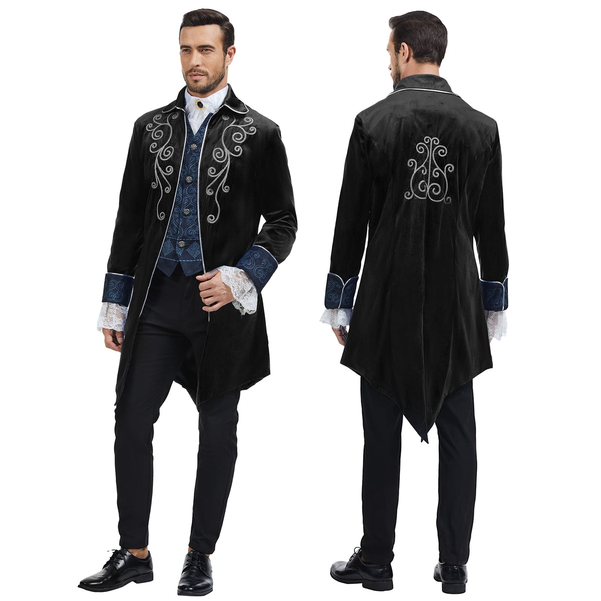 MYATED Medieval Steampunk Tailcoat for Men,Gothic Victorian Frock Coat Renaissance Pirate Jackets Halloween Party Cosplay Costumes,Blue,S