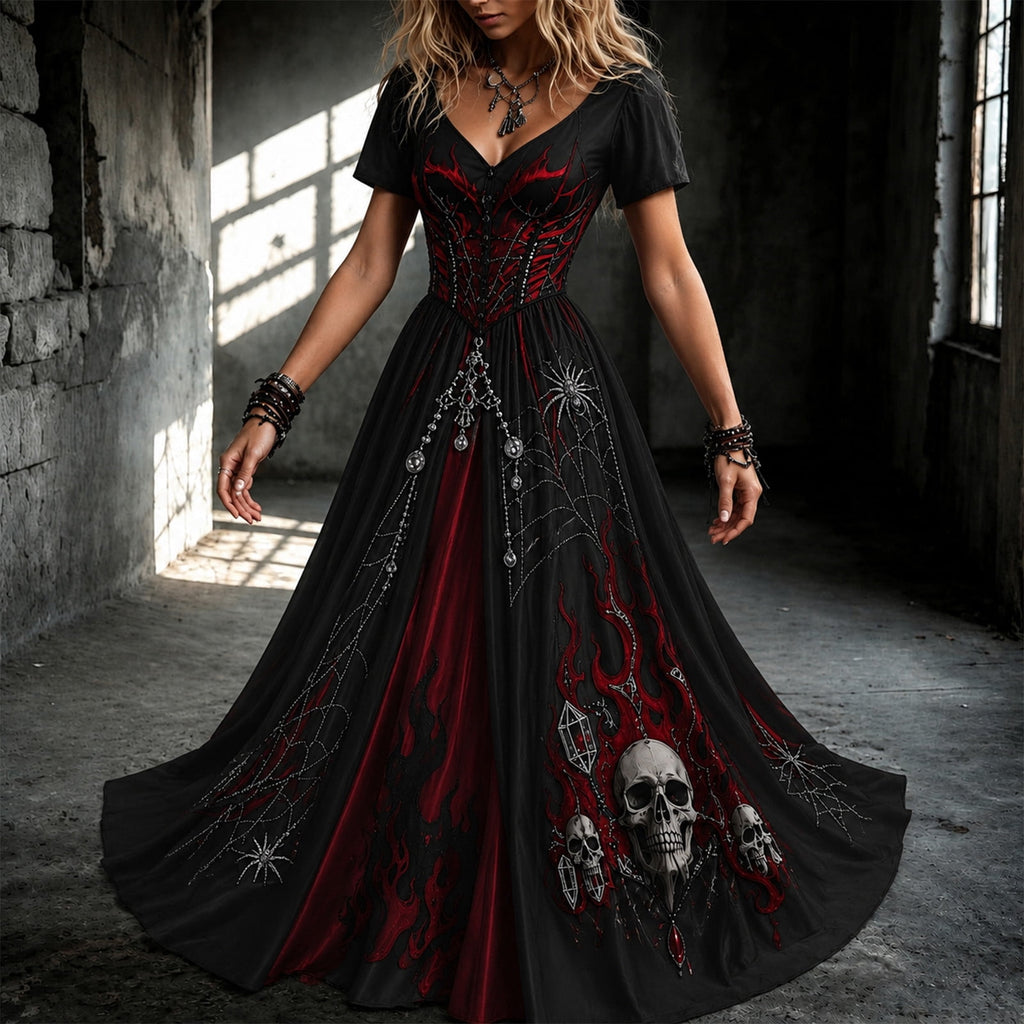 KICILVS Gothic Clothes For Women Black Spiderweb And Spider Print Flowing V Neck Long Maxi Dress Halloween Cosplay Gothic Party Dress
