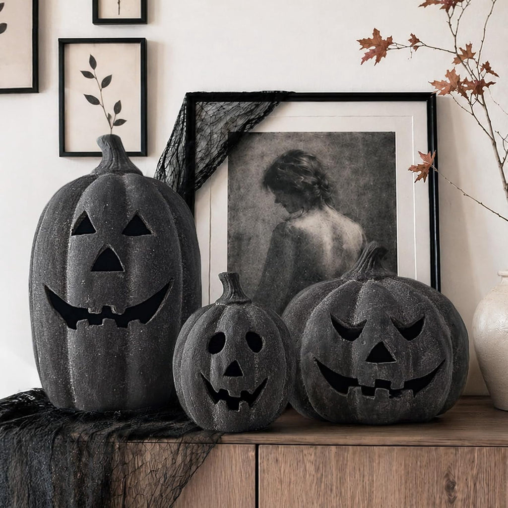 Halloween Decorations - 9.8" Black Handmade Resin Jack O Lantern Pumpkin Fall Decor, Indoor Outside Gothic Festival House Centerpiece Decoration for Table Garden Living Room Mantel