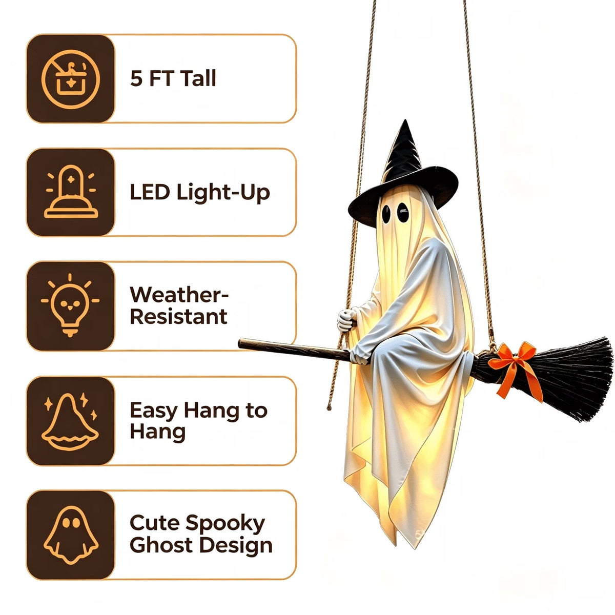 Mivyn Hanging Ghost Decor, Light-Up Flying Ghost on Broomstick with Witch Hat,Spooky Cute Outdoor Halloween Decorations for Front Porch Yard, 5 FT, 1 Pack