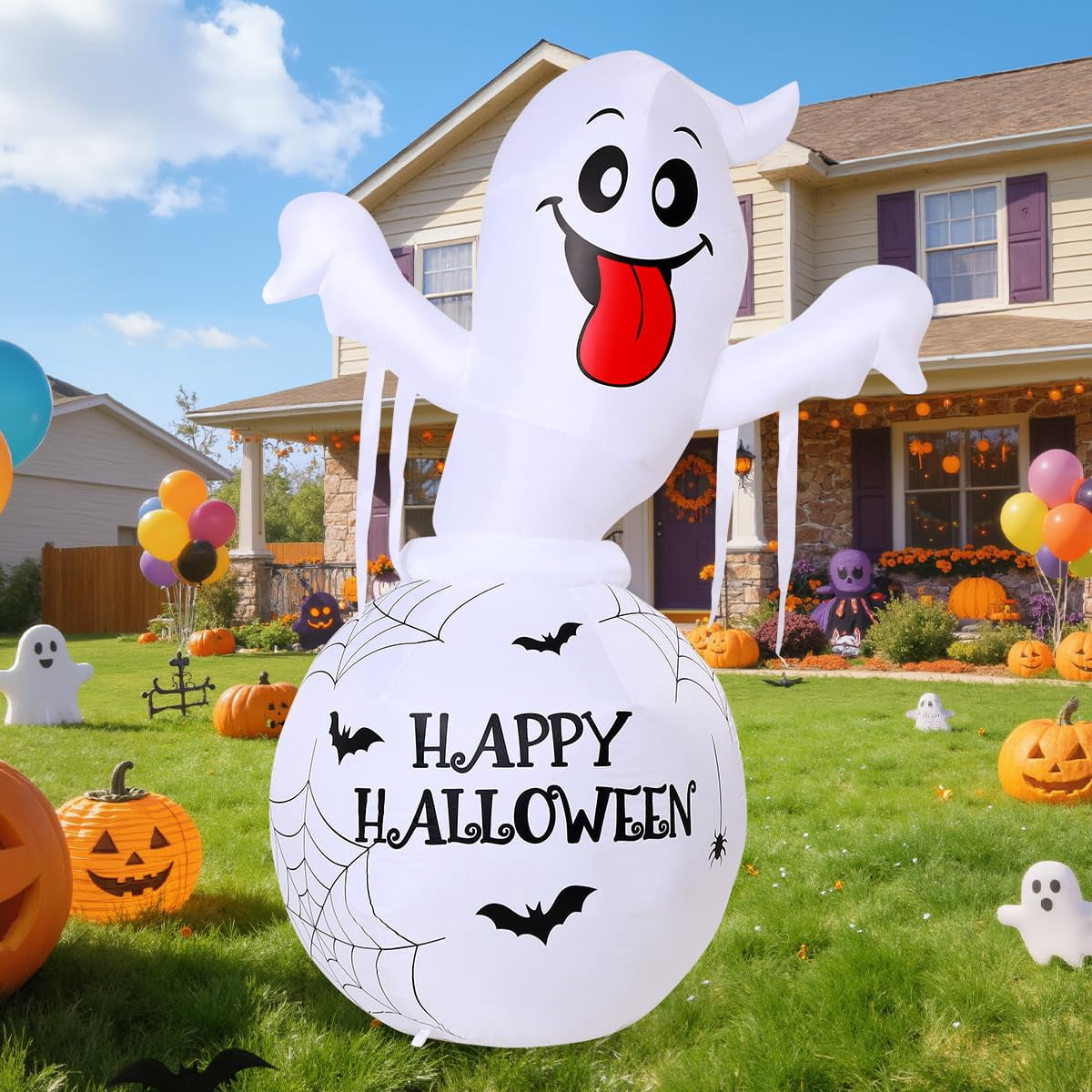 COMIN 6 FT Halloween Inflatable Ghost Trapped in Green Bottle LED Lighted Cute Blow Up Ghost for Indoor Outdoor Halloween Party