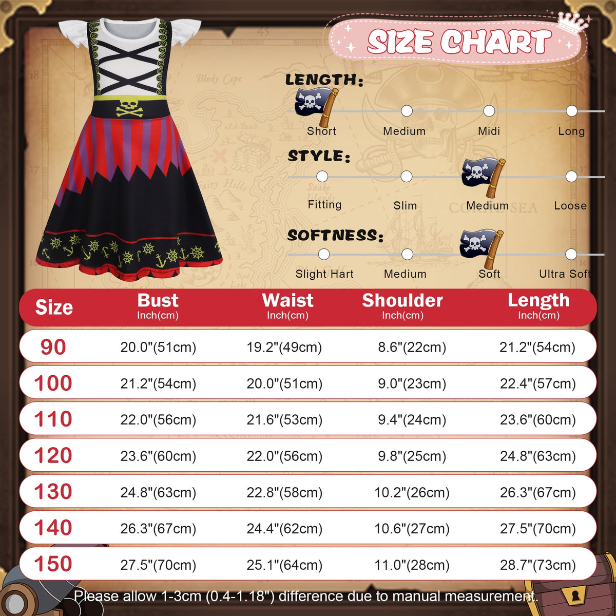 Benylion Girls Pirate Costume for Kids Halloween Party Dress Up Toddler Pirate Christmas Cosplay Outfit with Accessories for 5-6 Years