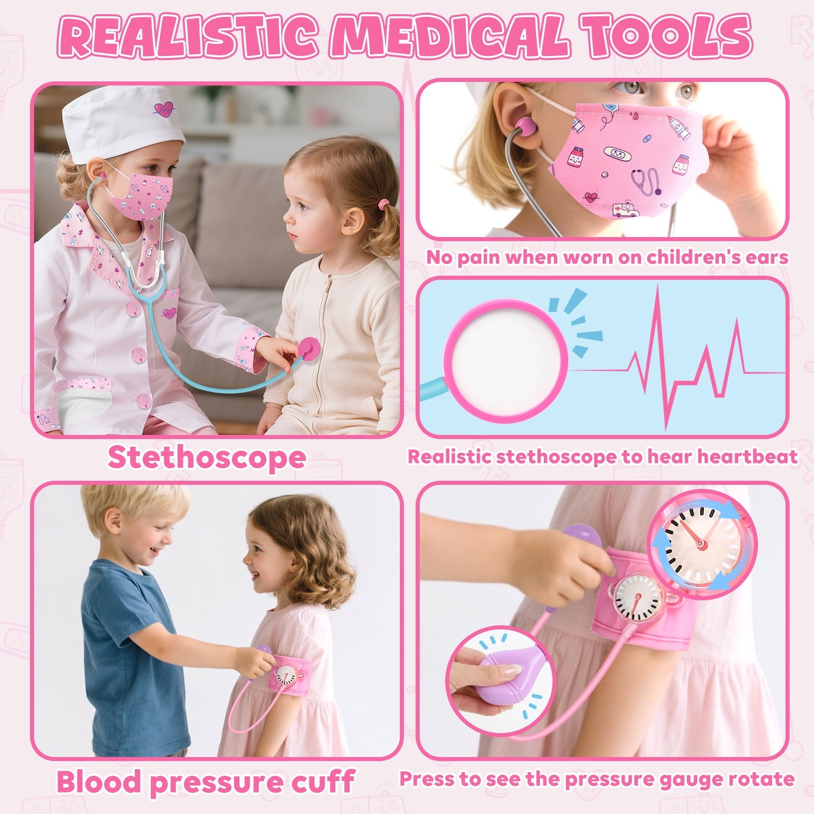 Doctor Costume for Kids Doctor Coat, Doctor Dress Up and Play Set 8 PCS with Real Stethoscope, Lab Coat Career Day Costume Kit for Toddlers Girls 3-12 - Pink