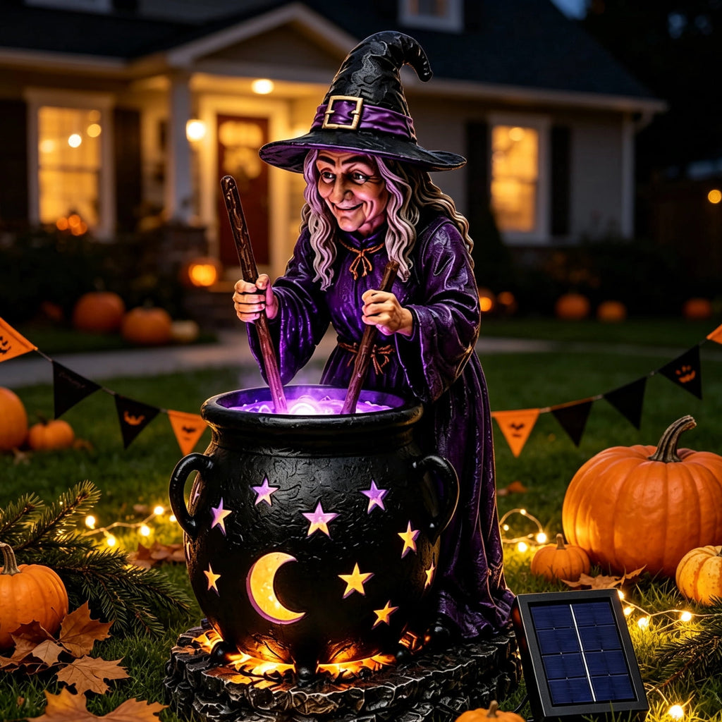 Halloween Witch Cauldron Solar Garden Light, Outdoor Resin Witch Figurine Holiday Decorations for Garden Patio Lawn Pathway Fall Party