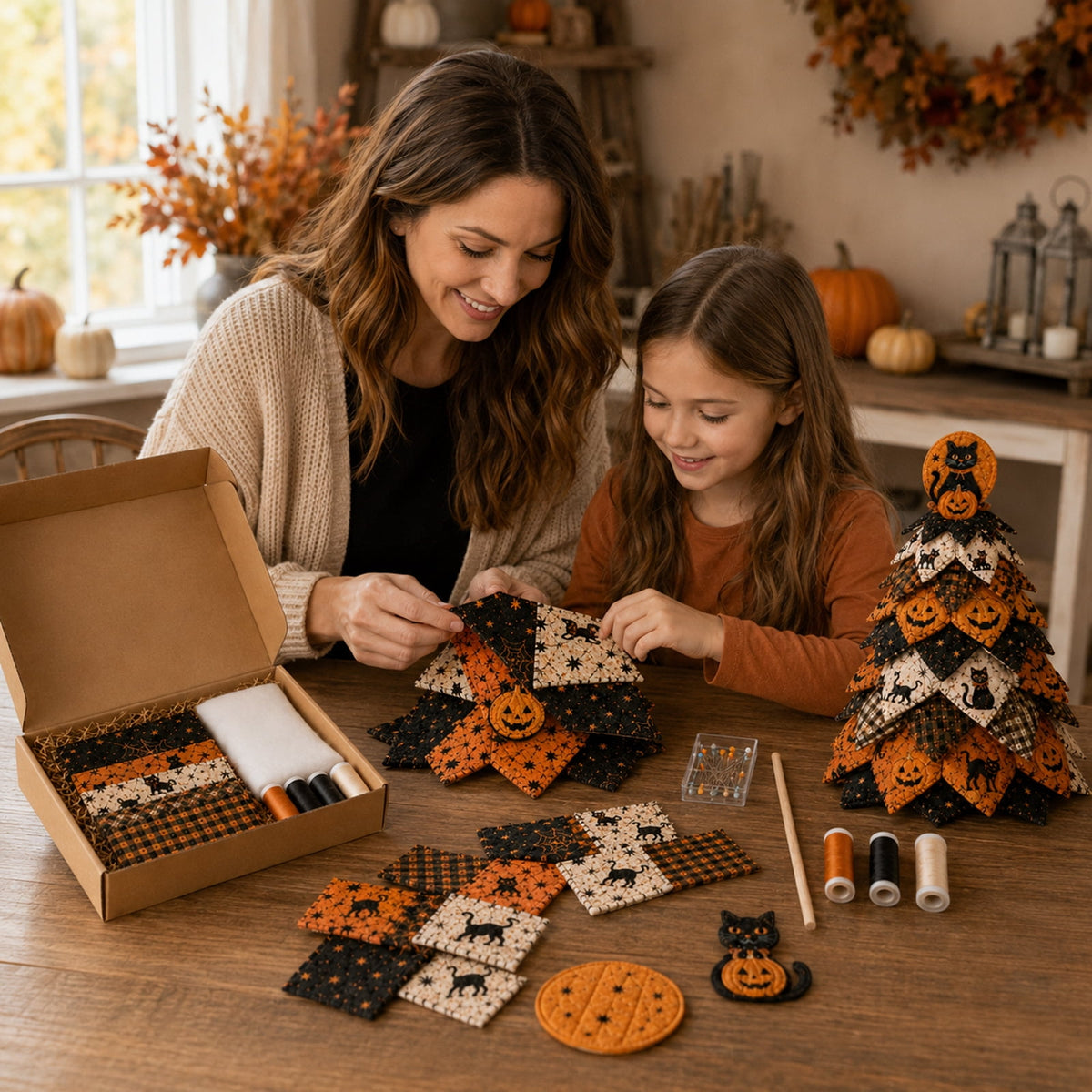 2026 Moonlit Black Cat DIY Halloween Quilted Fabric Tree Kit - Patchwork Fabric Halloween Tabletop Tree, Autumn Mantel Ornament for Adult Rustic Farmhouse Seasonal Display