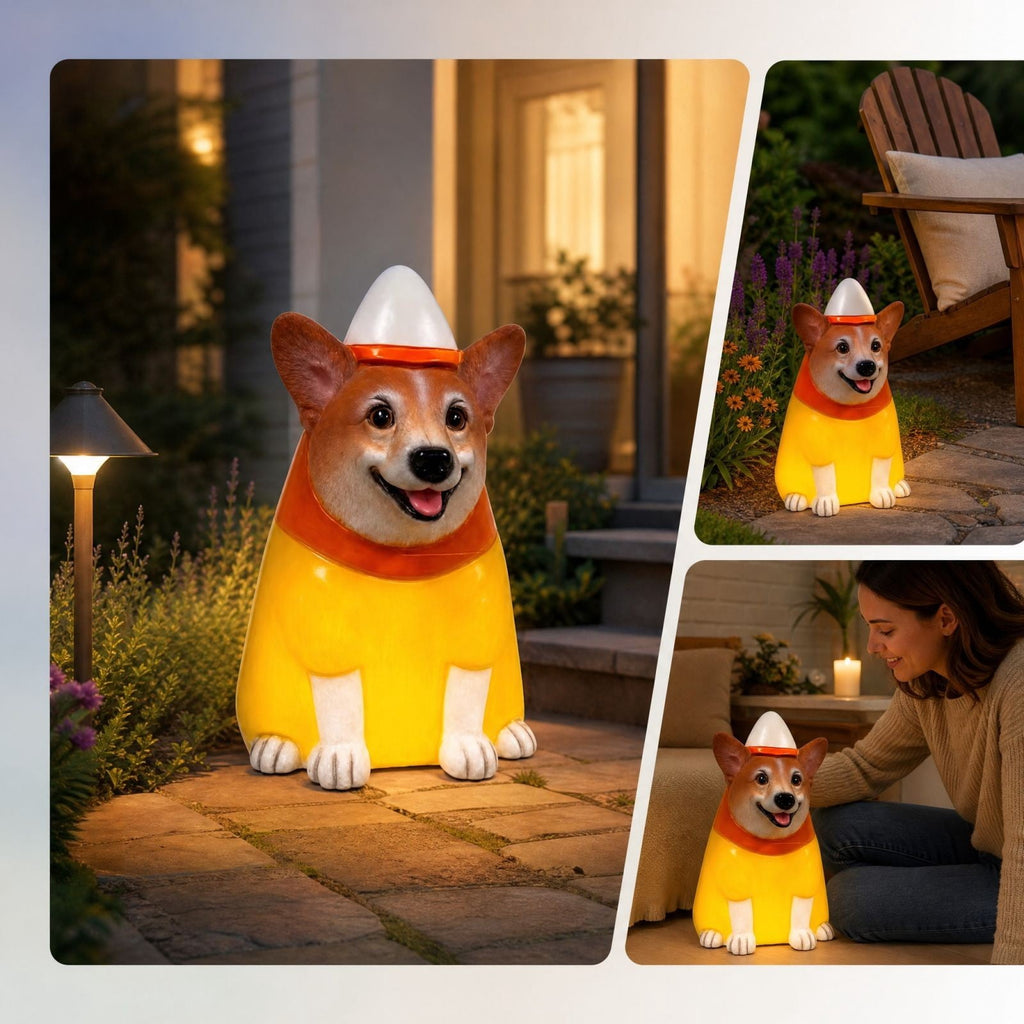 Halloween Dog Greeter - Frenchie 7.9in Resin Witch Dog with Light-Up Pumpkin, Spooky Fall Decor, Indoor Outdoor Tabletop Decoration