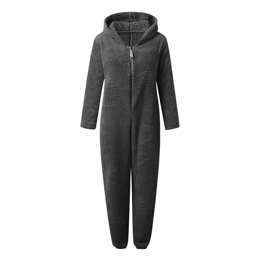 QATAINLAV Sherpa Fleece Jumpsuit for Women Winter Warm Fuzzy Onesie Pajamas Cute Cat Hooded Romper Casual Zip Up Overalls Sleepwear Black XL