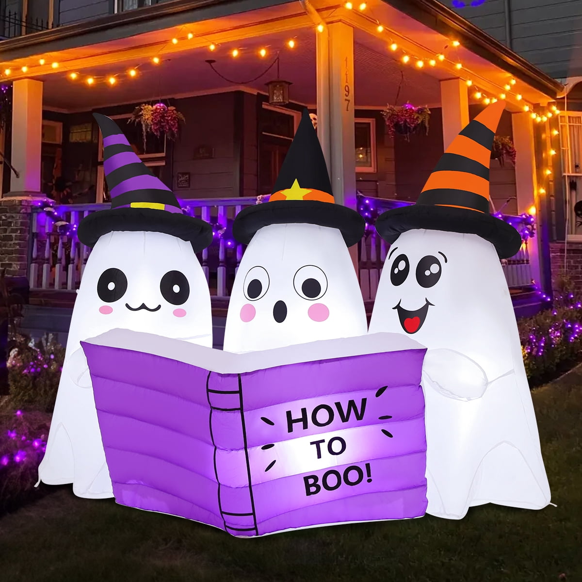 GOOSH Halloween Inflatables 5.2 FT Long Inflatable Ghosts Reading Book with Built-in LED Lights, Cute Ghost Inflatable Blow up Ghost Wearing Witch Hat, Outdoor Halloween Decorations for Holiday Party