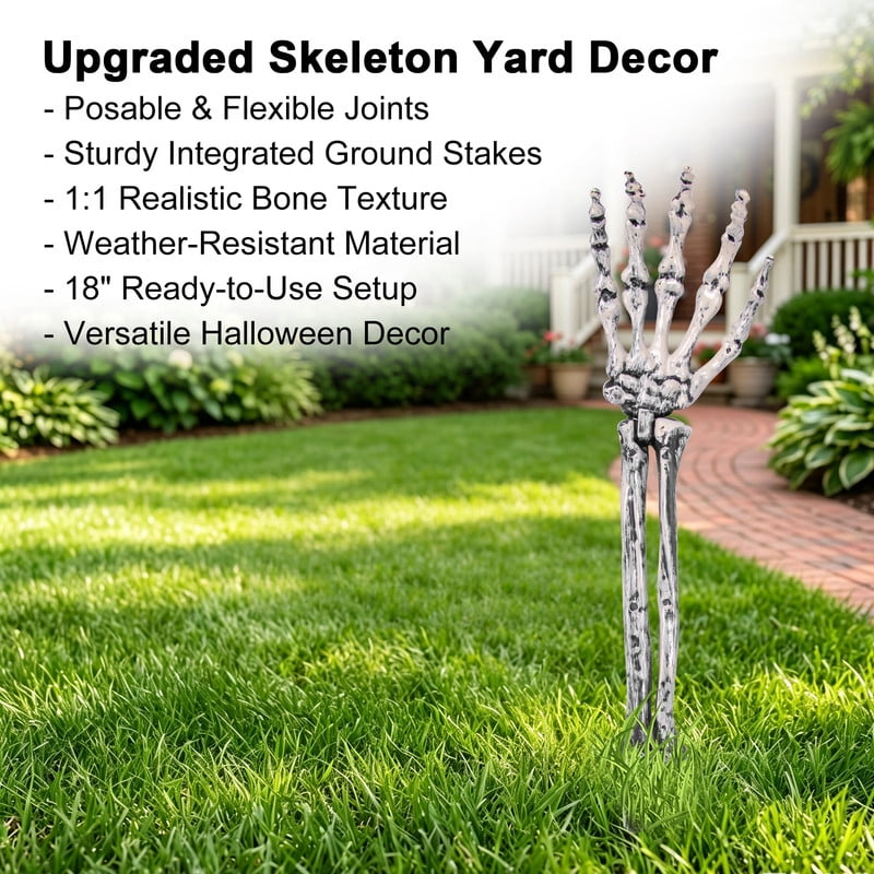 GameXcel Skeleton Hands Halloween Yard Decorations, 6 Pack 18 in Posable Skeleton Arms with Ground Stakes, Outdoor Graveyard Lawn Decor