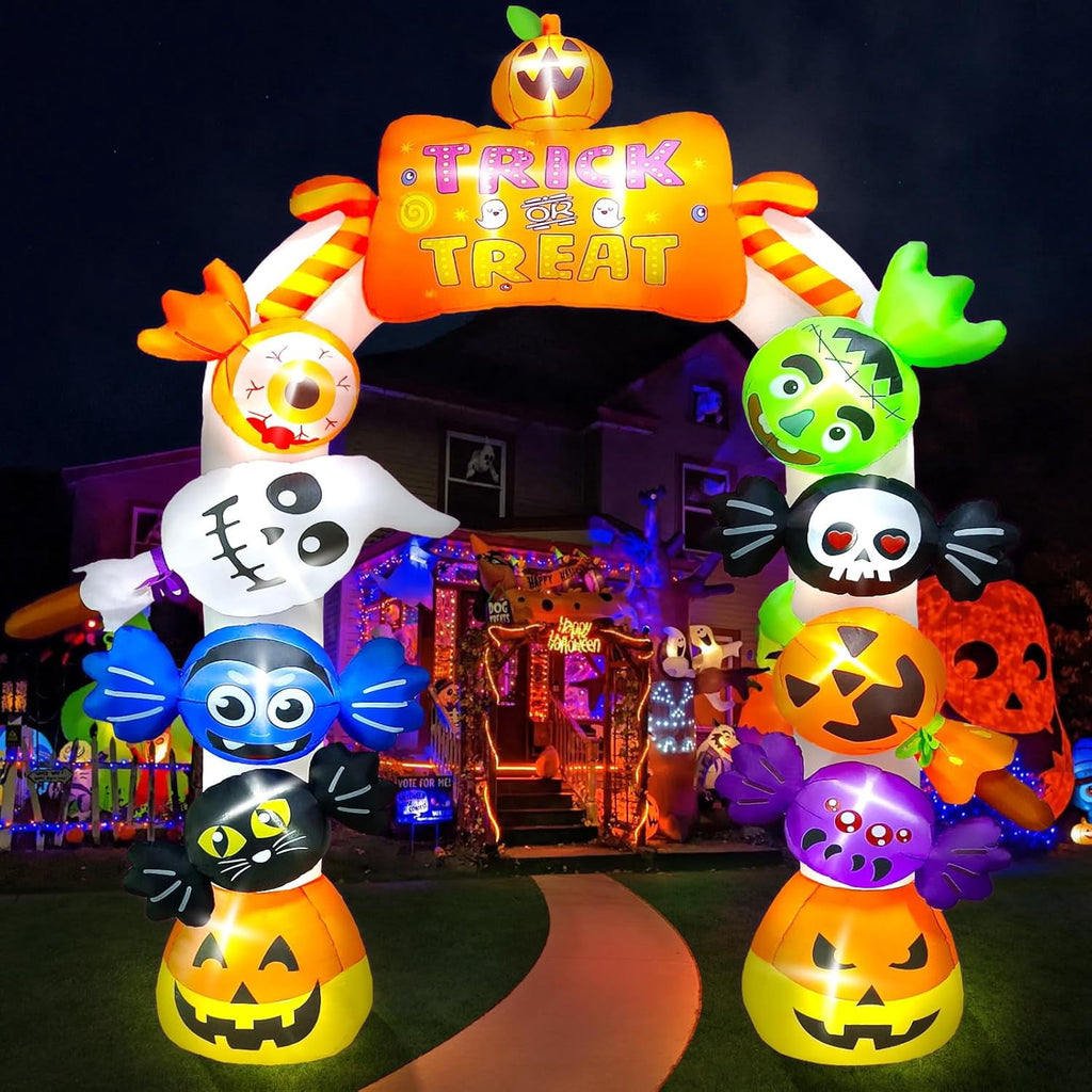Kalolary 10FT Inflatable Candy Ghost Pumpkin Archway with Built-in Lights – Giant Outdoor Yard & Garden Decoration for Halloween, Indoor/Outdoor Use