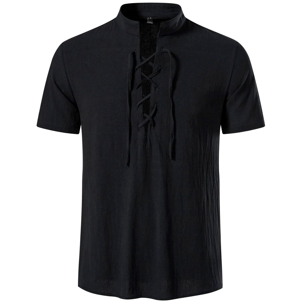 HAOMEILI Men's Cotton Linen Lace-Up V-Neck Short Sleeve Shirt