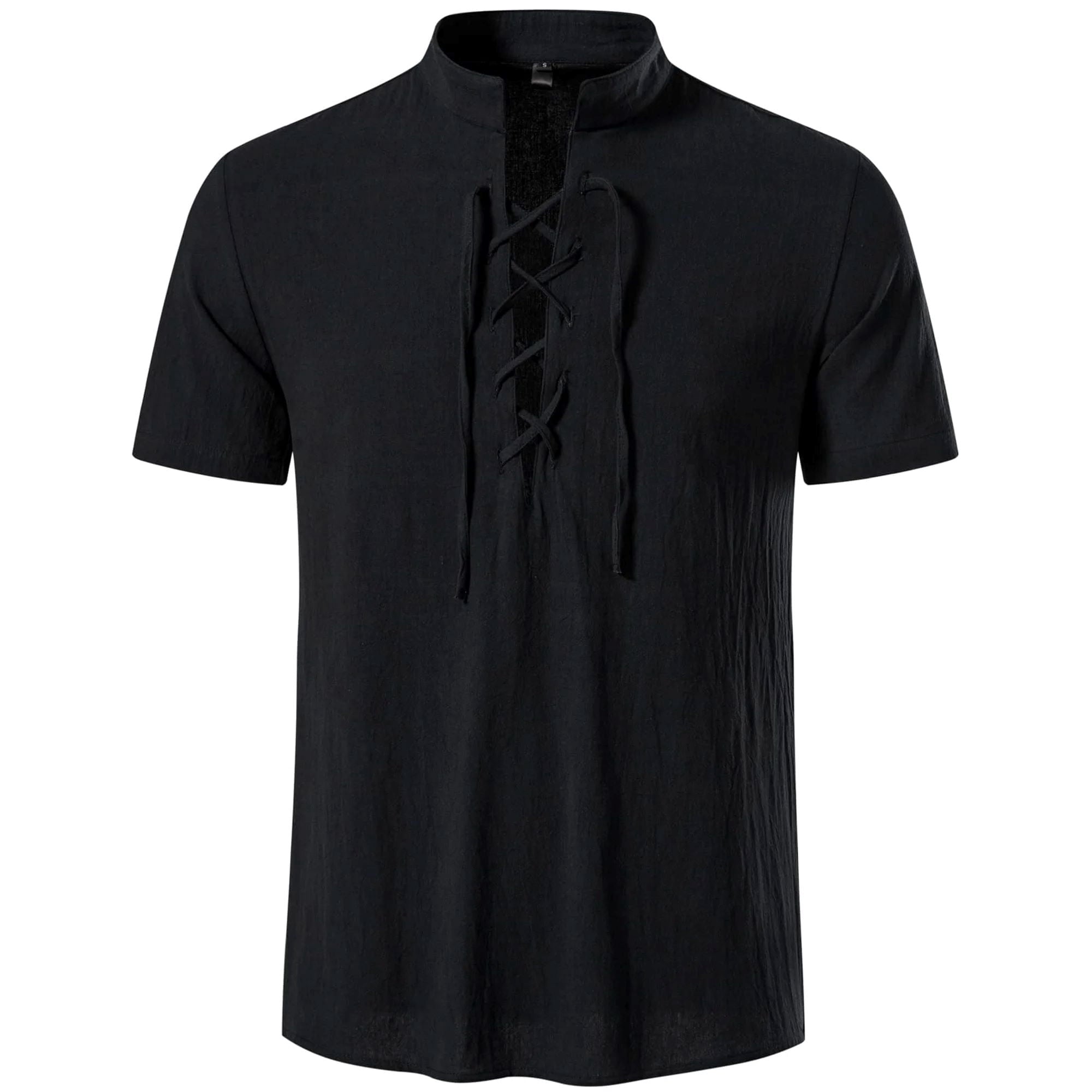 HAOMEILI Men's Cotton Linen Lace-Up V-Neck Short Sleeve Shirt