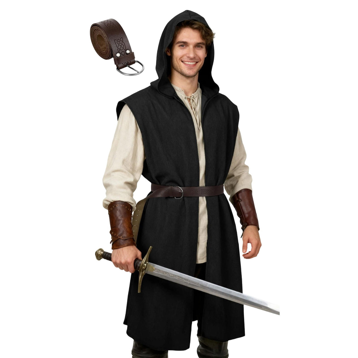 Virmaxy Halloween Costume Men's Hooded Sleeveless Tunic Costume with Belt Halloween Loose Fit Renaissance Medieval Party Cosplay Fighter Outfit Army Green