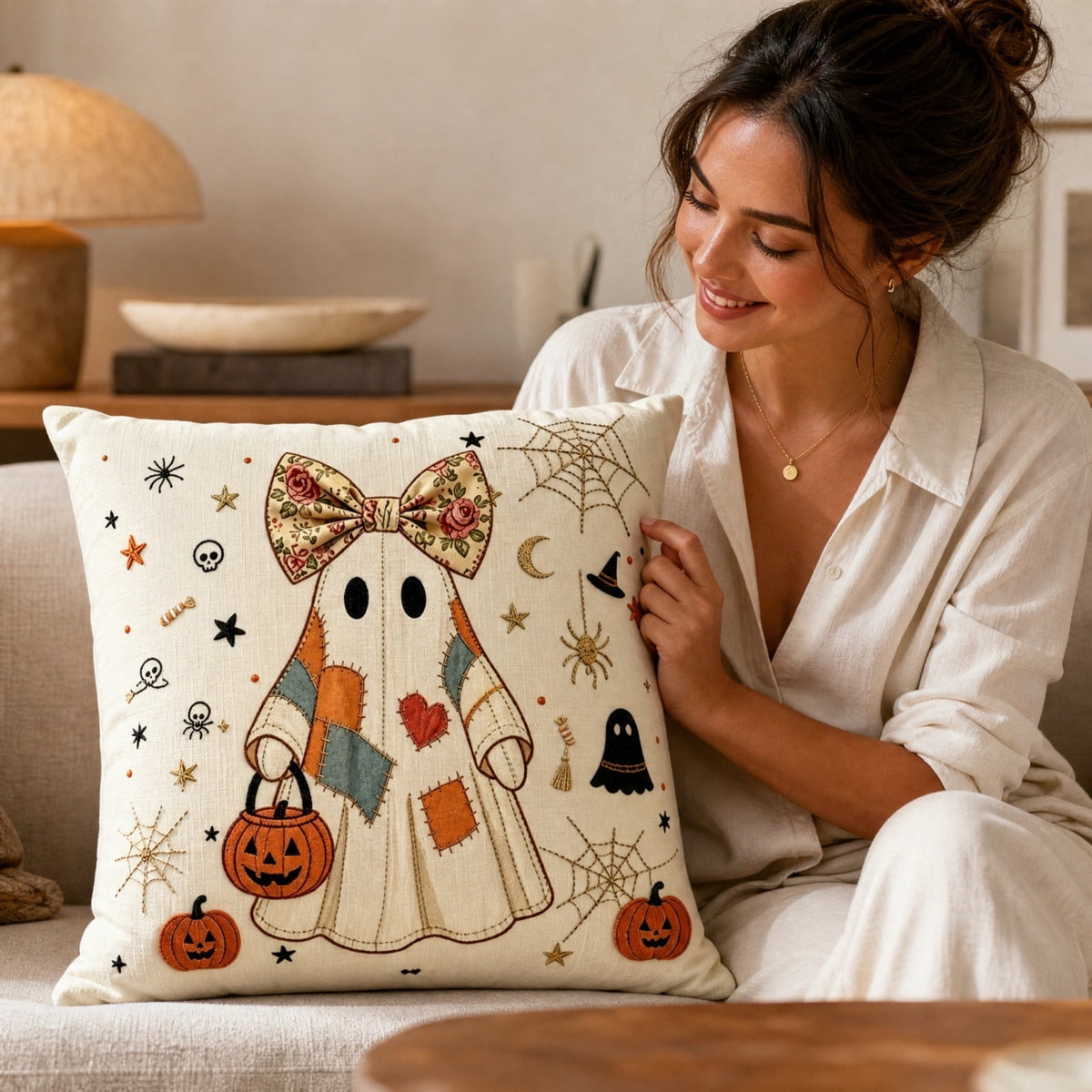 Halloween Ghost Reading Book Throw Pillow Cover, Spooky Library Bookshelf Skull Candlestick Decorative Pillowcase, Retro Halloween Cushion Cover