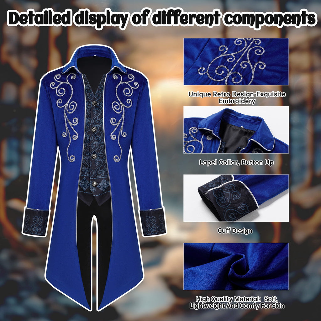 GYQMBT Men Medieval Steampunk Tailcoat Jacket Gothic Victorian Frock Coat Uniform Halloween Party Cosplay Gentleman Costumes, Blue, XL