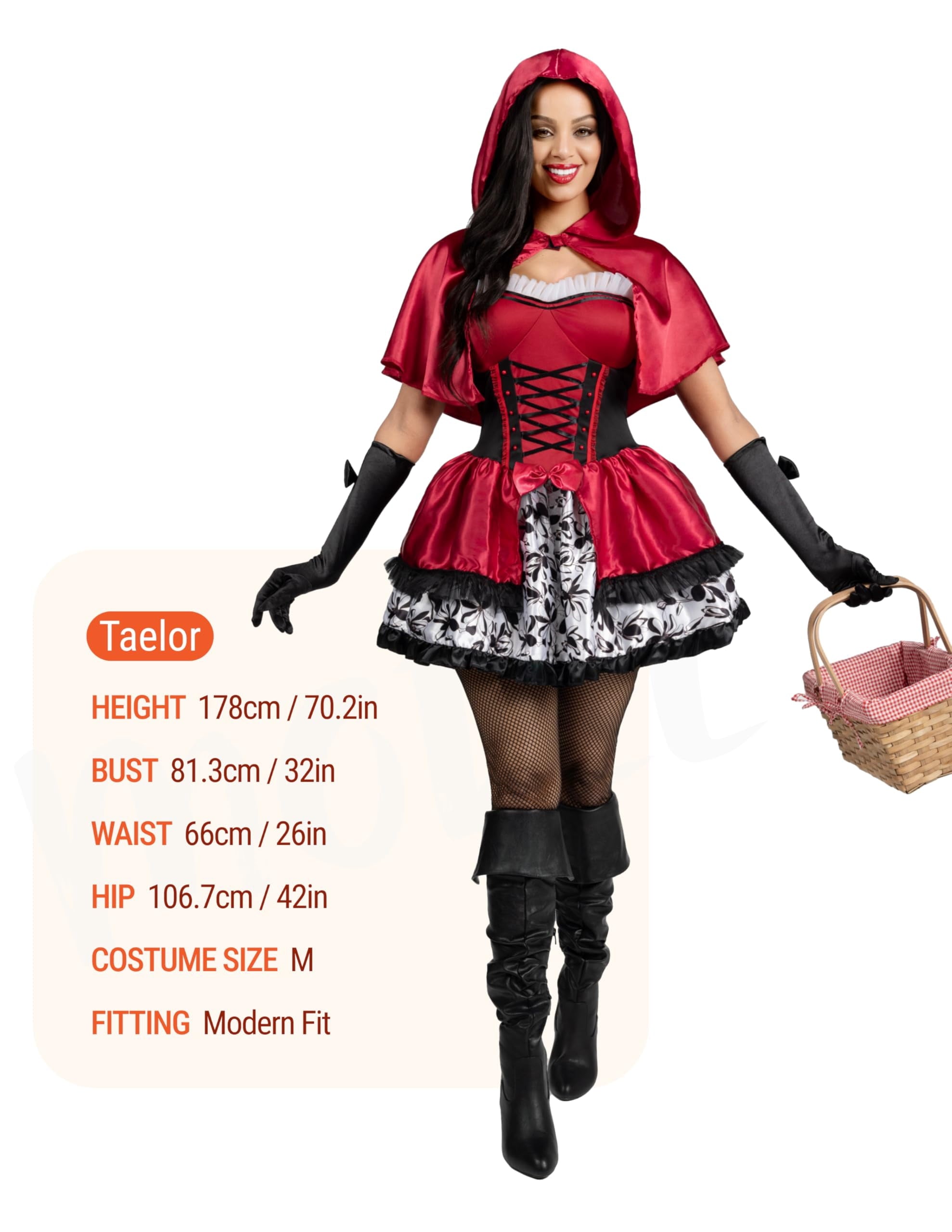 Joyfy Women Little Red Riding Hooded Costume with Dress, Cape and Gloves Outfits Set, Adult Women Halloween Costume for Halloween Themed Party Cosplay