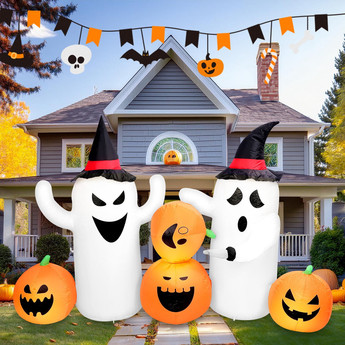 6 FT Halloween Inflatables Stacked Pumpkins Ghost with Build-in LEDs for Porch,Halloween Pumpkin Decor Blow up Yard Decorations