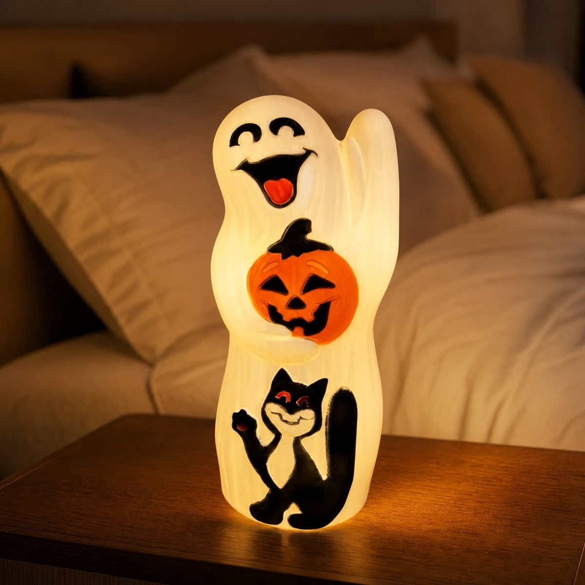 LOWLHOME Halloween Blow Mold Ghost with Black Cat, Halloween Glowing Spooky Decor Cute LED Lamp, Ghost Pumpkin Night Light, Shelf Battery Operated Table Ornament, 11.8"